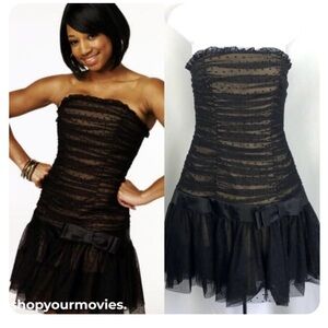 VTG Betsey Johnson Mini Dress Size 4 Mesh Silk Strapless Lace Ruffle Bow Black